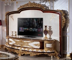 Casa Padrino armadio TV barocco di lusso bianco / marrone / oro - Magnifica credenza da soggiorno con parete posteriore - Mobili da soggiorno barocchi - Nobile e Magnifico