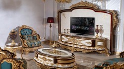 Casa Padrino armadio TV barocco di lusso bianco / marrone / oro - Magnifica credenza da soggiorno con parete posteriore - Mobili da soggiorno barocchi - Nobile e Magnifico