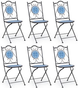 Casa Padrino Art Nouveau garden chair set of 6 black / blue / white 39 x 47 x H. 92 cm - Folding chairs with ceramic tops - Nostalgic Garden & Catering Furniture