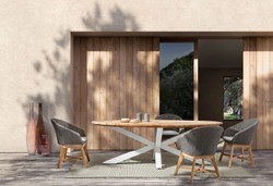 Casa Padrino mesa de jardín de lujo natural / blanco 240 x 110 x A. 77 cm - Mesa de comedor ovalada con tablero de teca - Mesa de jardín y terraza - Muebles de jardín y terraza de lujo