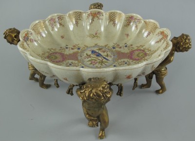 Casa Padrino cuenco de porcelana Art Nouveau con 4 figuras de ángel decorativas crema / multicolor / latón 40 x 30 x A. 17 cm - Accesorios Decorativos Barrocos y Art Nouveau