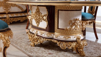 Casa Padrino Luxus Barock Esszimmer Set Weiß / Braun / Blau / Gold - 1 Barock Esstisch & 6 Barock Esszimmerstühle - Barock Esszimmer Möbel - Edel & Prunkvoll