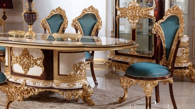 Casa Padrino Luxus Barock Esszimmer Set Weiß / Braun / Blau / Gold - 1 Barock Esstisch & 6 Barock Esszimmerstühle - Barock Esszimmer Möbel - Edel & Prunkvoll