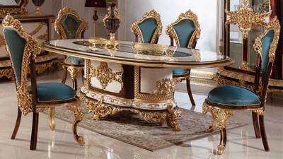 Casa Padrino Luxus Barock Esszimmer Set Weiß / Braun / Blau / Gold - 1 Barock Esstisch & 6 Barock Esszimmerstühle - Barock Esszimmer Möbel - Edel & Prunkvoll
