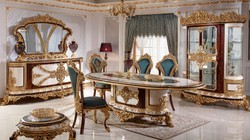 Casa Padrino luxury baroque dining room set white / brown / blue / gold - 1 Baroque Dining Table & 6 Baroque Dining Chairs - Baroque dining room furniture - Noble & Magnificent