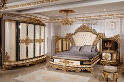 Casa Padrino letto matrimoniale barocco di lusso oro / bianco / blu / oro - Magnifico letto in legno massello con testiera a specchio - Mobili per camera da letto barocco - Nobile e Magnifico