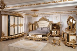 Casa Padrino letto matrimoniale barocco di lusso oro / bianco / blu / oro - Magnifico letto in legno massello con testiera a specchio - Mobili per camera da letto barocco - Nobile e Magnifico