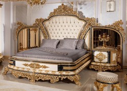 Casa Padrino letto matrimoniale barocco di lusso oro / bianco / blu / oro - Magnifico letto in legno massello con testiera a specchio - Mobili per camera da letto barocco - Nobile e Magnifico