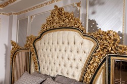 Casa Padrino letto matrimoniale barocco di lusso oro / bianco / blu / oro - Magnifico letto in legno massello con testiera a specchio - Mobili per camera da letto barocco - Nobile e Magnifico