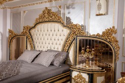 Casa Padrino letto matrimoniale barocco di lusso oro / bianco / blu / oro - Magnifico letto in legno massello con testiera a specchio - Mobili per camera da letto barocco - Nobile e Magnifico