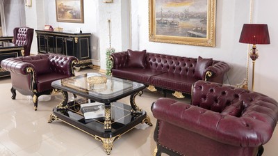Casa Padrino Luxus Barock Chesterfield Sofa Bordeauxrot / Schwarz / Gold - Prunkvolles Wohnzimmer Sofa mit edlem Kunstleder - Barock Chesterfield Wohnzimmer Möbel