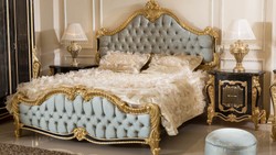 Casa Padrino ensemble de chambre baroque de luxe bleu clair / noir / or - 1 Lit Double avec Tête de Lit et 2 Tables de Chevet - Mobilier de chambre style baroque - Noble et Magnifique