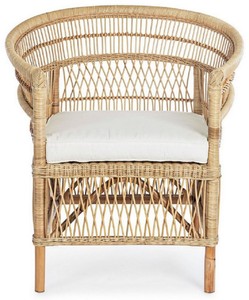 Casa Padrino Luxus Gartensessel Naturfarben / Weiß 79 x 72 x H. 86 cm - Rattan Garten & Terrassen Sessel mit Sitzkissen - Garten & Terrassen Möbel - Luxus Qualität