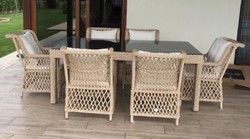 Casa Padrino Luxury Rattan Garden Furniture Set Natural - 1 Rattan Garden Dining Table with Glass Top & 6 Rattan Garden Chairs with Armrests - Modern Luxury Rattan Garden & Patio Furniture