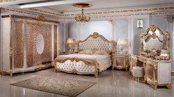 Casa Padrino luxury baroque bedroom set white / brown / gold / silver - 1 Baroque Make Up Dresser & 1 Baroque Mirror & 1 Baroque Stool - Baroque Bedroom Furniture - Noble & Magnificent