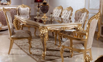 Casa Padrino conjunto de comedor barroco de lujo blanco / plata / marrón / oro - 1 Mesa de Comedor Barroco y 6 Sillas de Comedor Barroco - Muebles de comedor barrocos - Noble y Magnífico