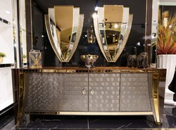 Casa Padrino conjunto de muebles de lujo marrón / plata / oro - 1 Aparador de Lujo con 4 Puertas y 2 Espejos de Pared de Lujo - Muebles de lujo modernos