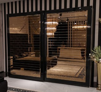 Casa Padrino armadio per camera da letto di lusso beige / nero / oro - Armadio moderno a specchio con 2 ante scorrevoli - Mobili per Camera da Letto e Hotel di Lusso