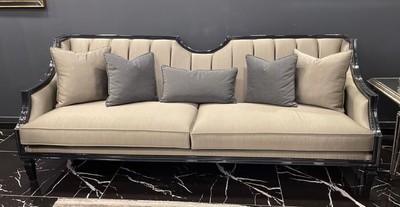 Casa Padrino sofá Art Deco de lujo beige / negro - Sofá de salón de madera maciza hecho a mano - Muebles de Salón Art Deco de Lujo
