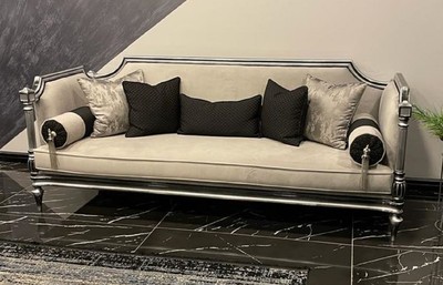 Casa Padrino sofá barroco de lujo crema / plata / negro - Sofá de salón hecho a mano en estilo barroco - Muebles de salón barrocos