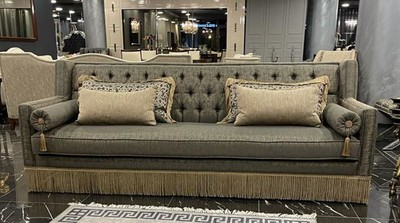 Casa Padrino sofá Art Deco Chesterfield de lujo gris / beige - Sofá de salón de madera maciza hecho a mano - Muebles de Salón Art Deco Chesterfield de Lujo

