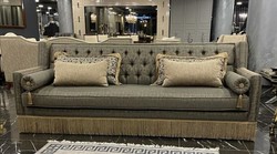 Casa Padrino sofá Art Deco Chesterfield de lujo gris / beige - Sofá de salón de madera maciza hecho a mano - Muebles de Salón Art Deco Chesterfield de Lujo
