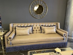 Casa Padrino sofá Art Deco Chesterfield de lujo oro / púrpura - Sofá de salón de madera maciza hecho a mano - Muebles de Salón Art Deco Chesterfield de Lujo
