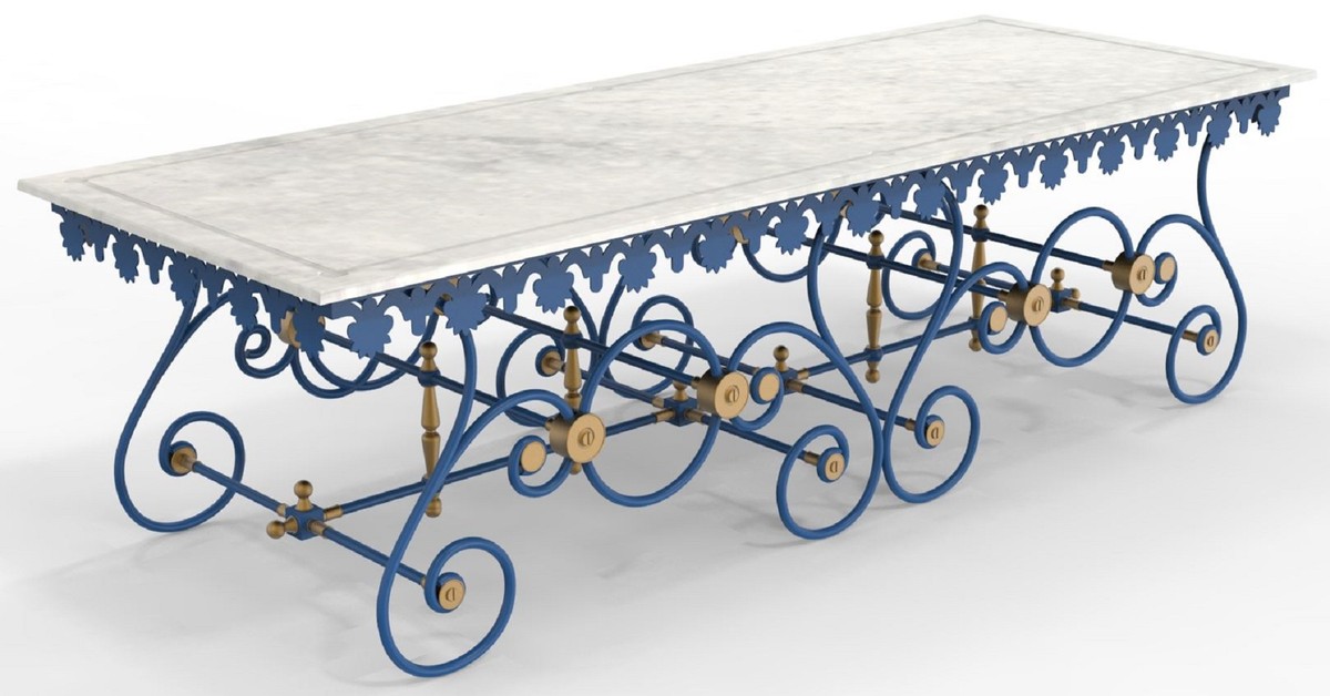 Casa Padrino Jugendstil Gartentisch 270 x 100 x H. 75 cm - Verschiedene Farben - Nostalgischer Schmiedeeisen Garten & Terrassen Tisch mit Marmorplatte - Jugendstil Garten & Terrassen Möbel