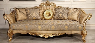 Casa Padrino sofá barroco de lujo oro / gris / oro - Magnífico sofá de salón con patrón elegante - Muebles de salón y hotel barrocos - Noble y Magnífico
