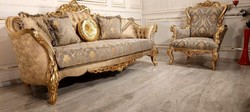 Casa Padrino luxury baroque sofa gold / gray / gold - Magnificent living room sofa with elegant pattern - Baroque living room & hotel furniture - Noble & Magnificent