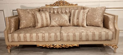 Casa Padrino sofá barroco de lujo oro / beige / oro - Magnífico sofá de salón con rayas - Muebles de salón y hotel barrocos - Noble y Magnífico
