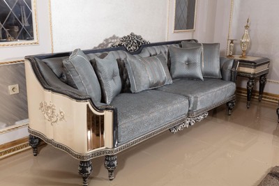 Casa Padrino Luxus Barock Sofa Hellblau / Beige / Schwarz / Gold - Prunkvolles Wohnzimmer Sofa mit elegantem Muster - Barock Wohnzimmer & Hotel Möbel - Edel & Prunkvoll