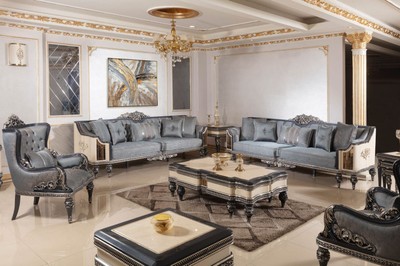 Casa Padrino Luxus Barock Sofa Hellblau / Beige / Schwarz / Gold - Prunkvolles Wohnzimmer Sofa mit elegantem Muster - Barock Wohnzimmer & Hotel Möbel - Edel & Prunkvoll