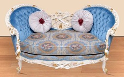 Casa Padrino divano barocco blu motivo / bianco / oro - Divano da soggiorno fatto a mano in stile barocco - Magnifici mobili da soggiorno barocchi