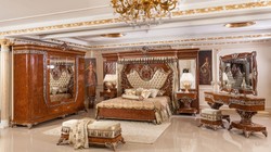Casa Padrino ensemble de chambre baroque de luxe or / marron / bronze - 1 Lit Double avec Tête de Lit et Panneau Arrière et 2 Tables de Chevet - Mobilier de chambre style baroque