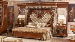 Casa Padrino ensemble de chambre baroque de luxe or / marron / bronze - 1 Lit Double avec Tête de Lit et Panneau Arrière et 2 Tables de Chevet - Mobilier de chambre style baroque