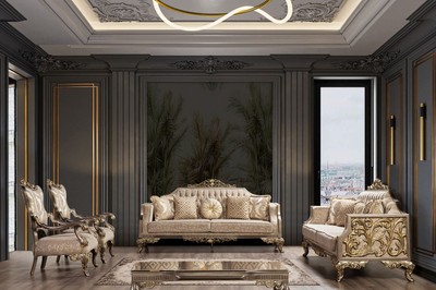 Casa Padrino Luxus Barock Sofa Grau / Beige / Silber / Gold - Prunkvolles Wohnzimmer Sofa mit Muster - Barock Wohnzimmer Möbel - Edel & Prunkvoll