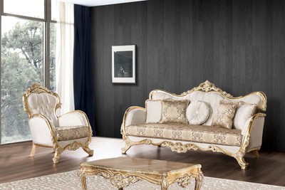 Casa Padrino Luxus Barock Sofa Weiß / Mehrfarbig / Antik Gold - Prunkvolles Wohnzimmer Sofa mit elegantem Muster - Barock Wohnzimmer Möbel - Edel & Prunkvoll