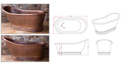Casa Padrino Luxus Jugendstil Kupfer Badewanne 170 x 84 x H. 81 cm - Freistehende Retro Badewanne - Rustikale Kupfer Badezimmer Möbel