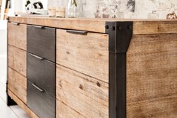 Landhausstil Wohnzimmer Massivholz Sideboard Schrank Naturfarben Grau Anthrazit Country Style Living Room Solid Wood Sideboard Cabinet Natural Gray Anthracite