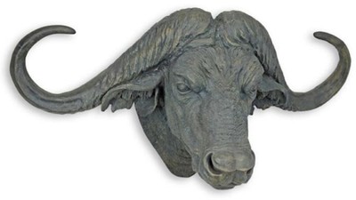 Kunstharz Wanddeko Skulptur Figur Büffelkopf Grau Resin Wall Decoration Sculpture Figure Buffalo Head Gray