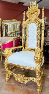 Casa Padrino baroque throne armchair with faux leather and rhinestones white / gold - Handmade royal armchair - Wedding armchair - Giant armchair - Magnificent baroque furniture
