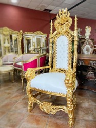 Barock Thron Sessel mit Glitzersteinen Weiß Gold Baroque Throne Armchair with Rhinestones White Gold