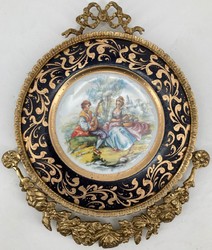Casa Padrino plato de pared barroco de cerámica negro / multicolor / latón - Cuadro de la pared barroco con marco ornamentado de latón - Accesorios de decoración de paredes barrocas