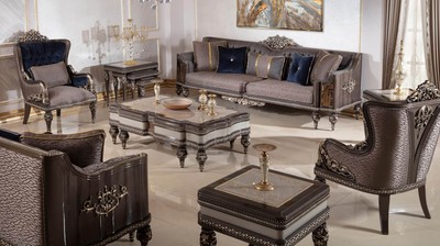 Casa Padrino Luxus Barock Sofa Grau / Dunkelbraun / Gold - Prunkvolles Wohnzimmer Sofa mit elegantem Muster - Barock Wohnzimmer & Hotel Möbel - Edel & Prunkvoll