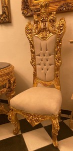 Casa Padrino sedia trono barocco crema / oro - Sedia da pranzo fatta a mano con schienale alto con tessuto in velluto e strass - Mobili da pranzo barocchi