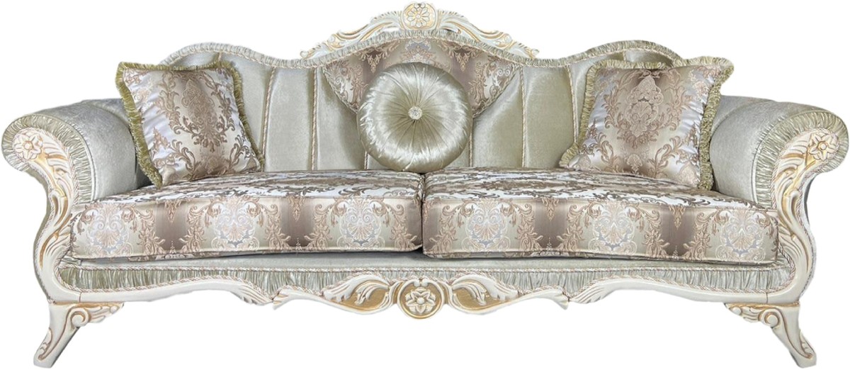Casa Padrino luxury baroque sofa green / white / gold - Magnificent living room sofa with elegant pattern - Baroque living room furniture Casa Padrino luxury baroque sofa green / white / gold - Magnificent living room sofa with elegant pattern - Baroque living room furniture