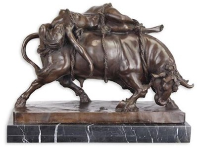 Casa Padrino escultura de bronce de lujo toro y mujer bronce / negro A. 31 cm - Figura decorativa de bronce con base de mármol - Figura animal de bronce - Accesorios de Decoración de Lujo