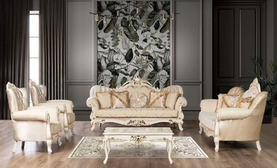 Casa Padrino Luxus Barock Sofa Gold / Creme / Gold - Prunkvolles Wohnzimmer Sofa mit Muster - Barock Wohnzimmer Möbel - Edel & Prunkvoll