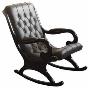 Luxus Barock Jugendstil Leder Echtleder Schaukel Stuhl Sessel mit Armlehnen Schwarz Luxury Baroque Art Nouveau Leather Genuine Leather Rocking Chair Armchair with Armrests Black